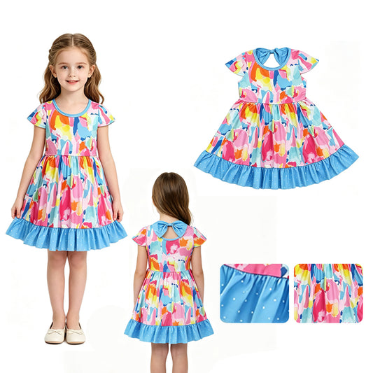 GSD2610 Tie-Dye Print Baby Girls Short Sleeve Knee Length Dresses