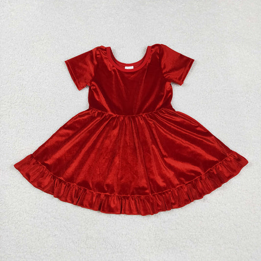 GSD2614 Red Velvet Girls Christmas Knee Length Ruffle Dress