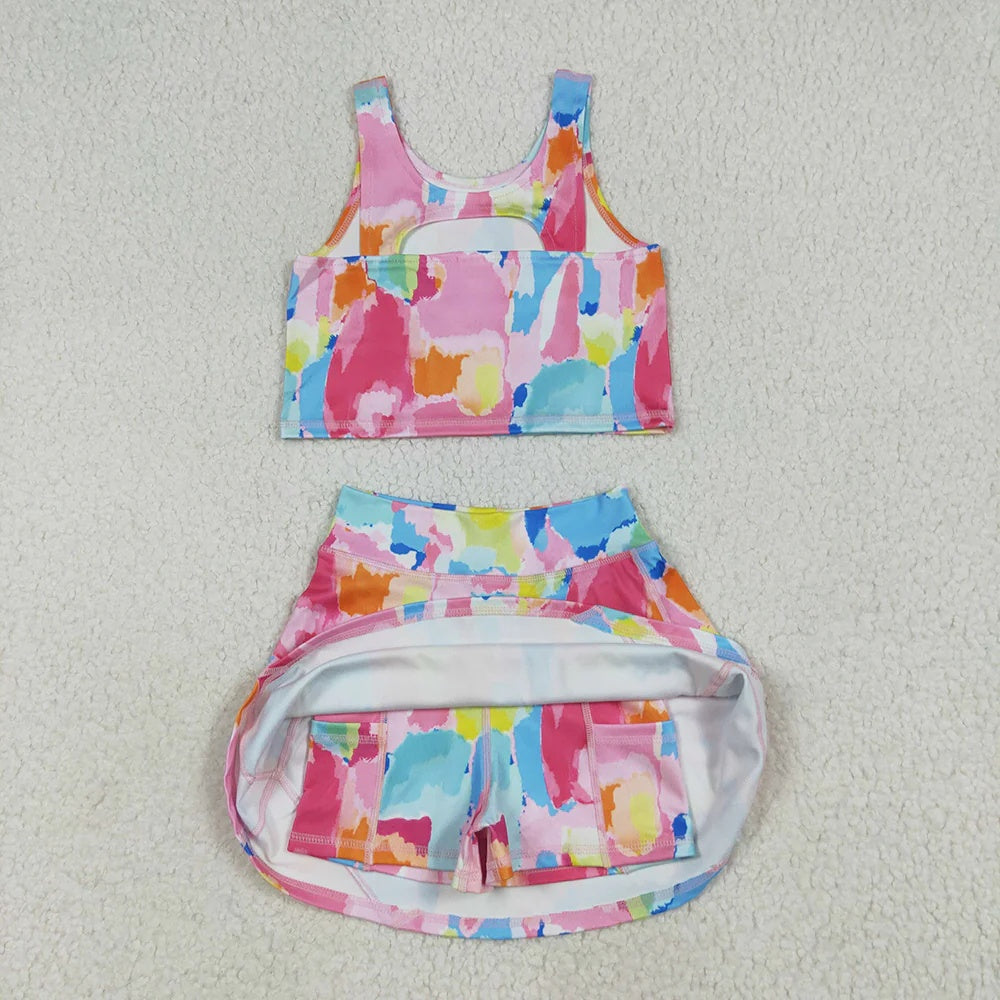 Toddler Girls Sibling Watercolor Tie Dye Sleeveless Crop Top & Skort Set Summer Activewear