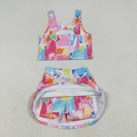 GSD2625 Tie-dye Tank Top Skirts Shorts Girls Yoga Clothes Set
