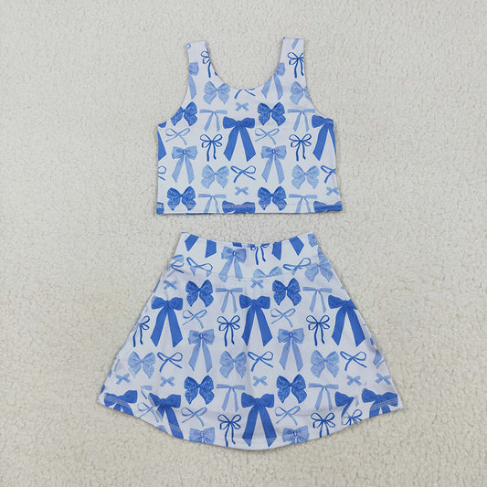 GSD2640  Blue Bows Tank Top Skirts Shorts Girls Yoga Clothes Set