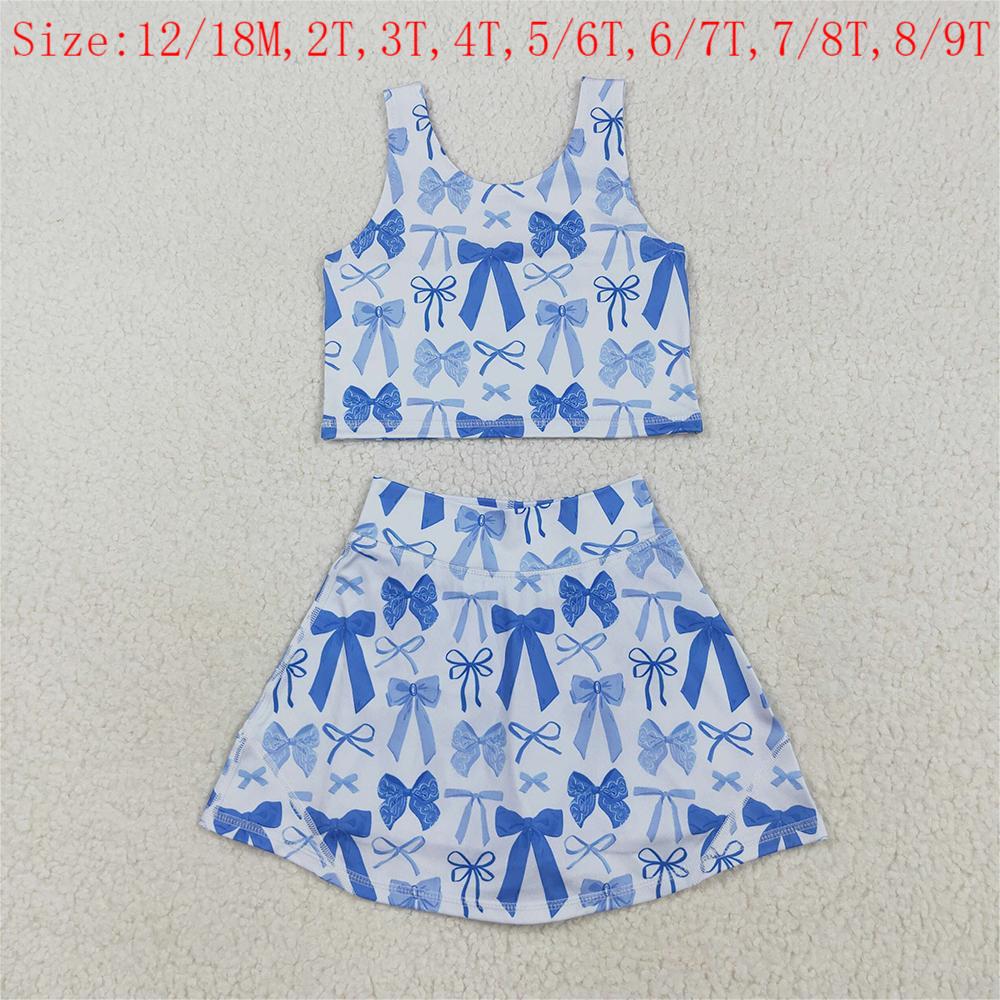 GSD2640  Blue Bows Tank Top Skirts Shorts Girls Yoga Clothes Set