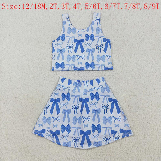GSD2640  Blue Bows Tank Top Skirts Shorts Girls Yoga Clothes Set