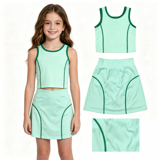 GSD2671 Green Tank Top Skirts Shorts Girls Yoga Clothes Set