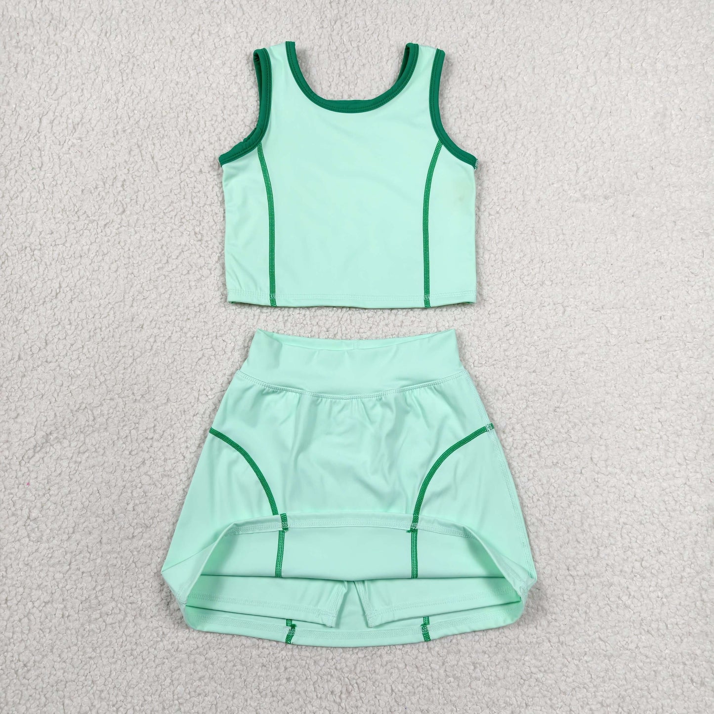 GSD2671 Green Tank Top Skirts Shorts Girls Yoga Clothes Set