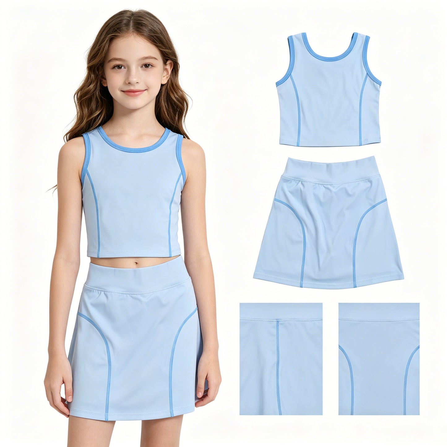 GSD2674 Blue Tank Top Skirts Shorts Girls Yoga Clothes Set