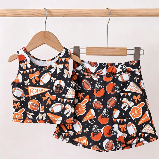 Baby Girls Team Orange Football Bows Vest Top Short Skirts