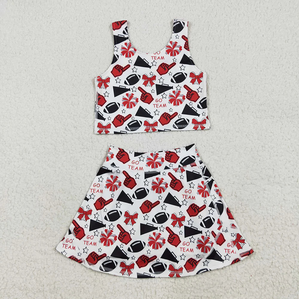 Sibling Baby Girls Team Football Cheer Bows Vest Top Short Skirts Yoga Sets