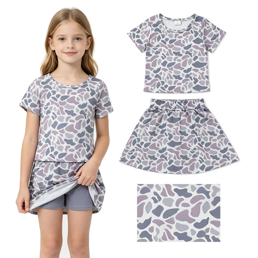 GSD2724 Grey Camo Short Sleeve Top Skort Girls Summer Clothes Set