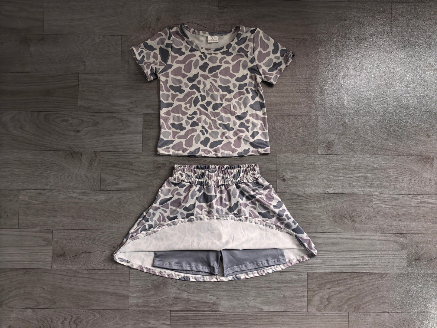 Preorder Lods Girls Light Grey Camo Short Sleeve Top with Skort Outfit