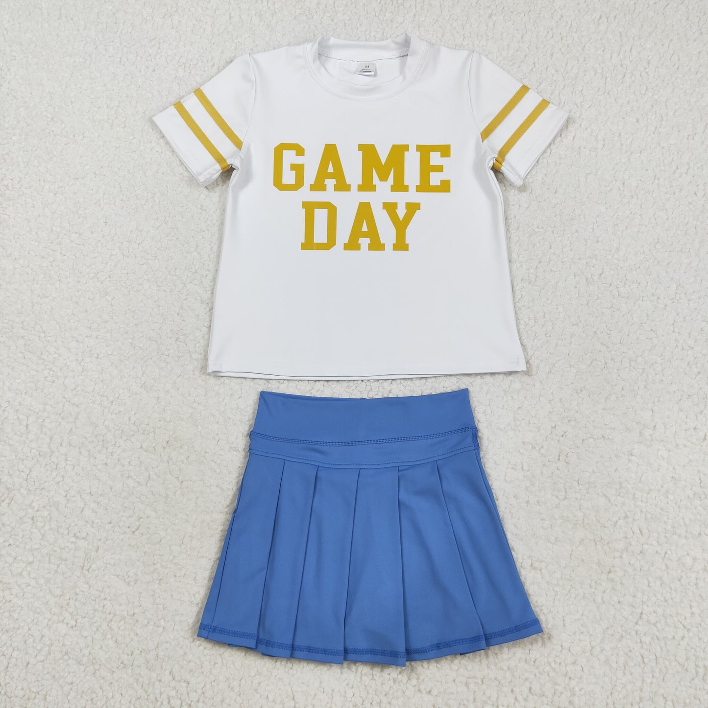 GSD2741 Vinyl Gold Game Day Top Blue Pleated Skirts Yoga Active Team Set Baby Girls Outfits