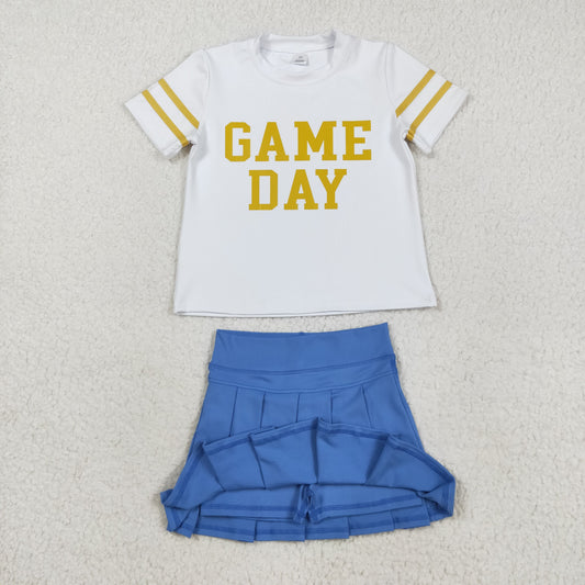 GSD2741 Vinyl Gold Game Day Top Blue Pleated Skirts Yoga Active Team Set Baby Girls Outfits