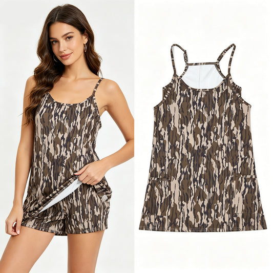 Adult Size Women Green Camo Strap Active Dress Romper With Pocket