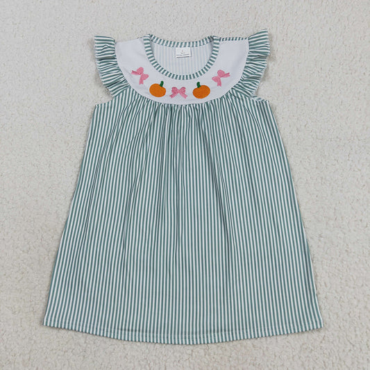 GSD2746 Pumpkin Bows Embroidery Stripes Girls RKnee Length Dress