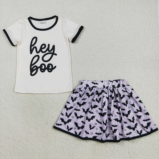 GSD2772 Hey BOO White Top Bat Purple Skort Girls Halloween Clothes Set