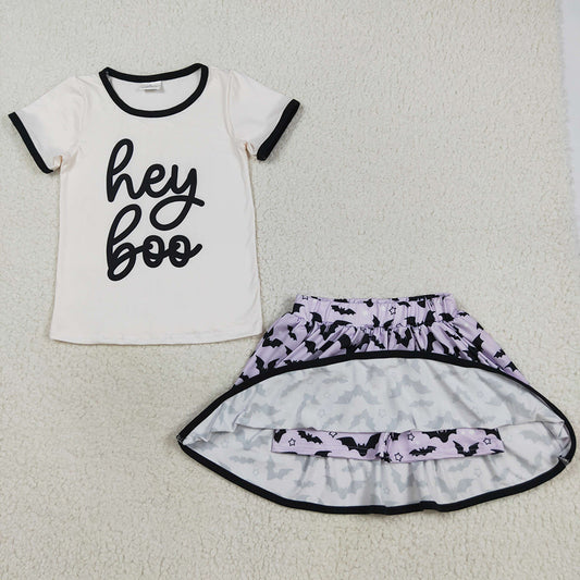 GSD2772 Hey BOO White Top Bat Purple Skort Girls Halloween Clothes Set