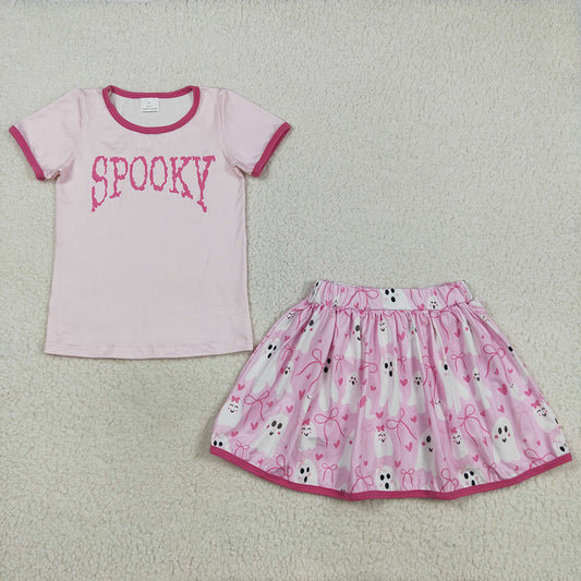 GSD2776 SPOOKY Pink Top Ghost Bows Skort Girls Halloween Clothes Set