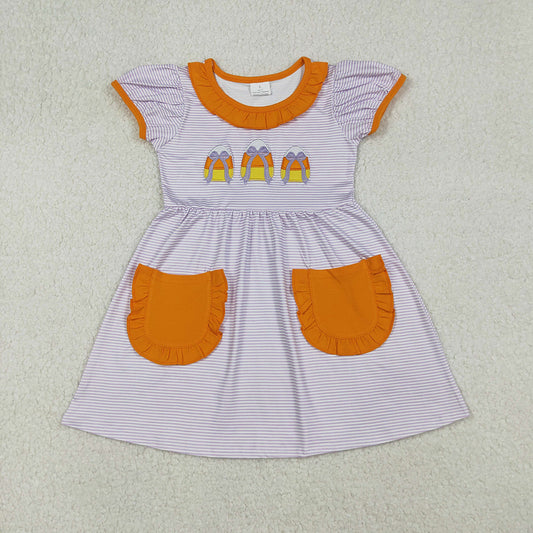 GSD2791 Candy Embroidery Stripes Print Pockets Girls Halloween Knee Length Dress