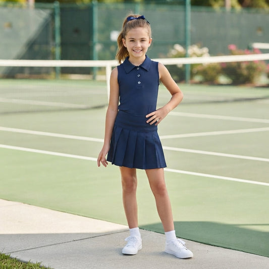 GSD2796 Navy Sleeveless Polo Top Pleated Skort Girls Yoga Clothes Set