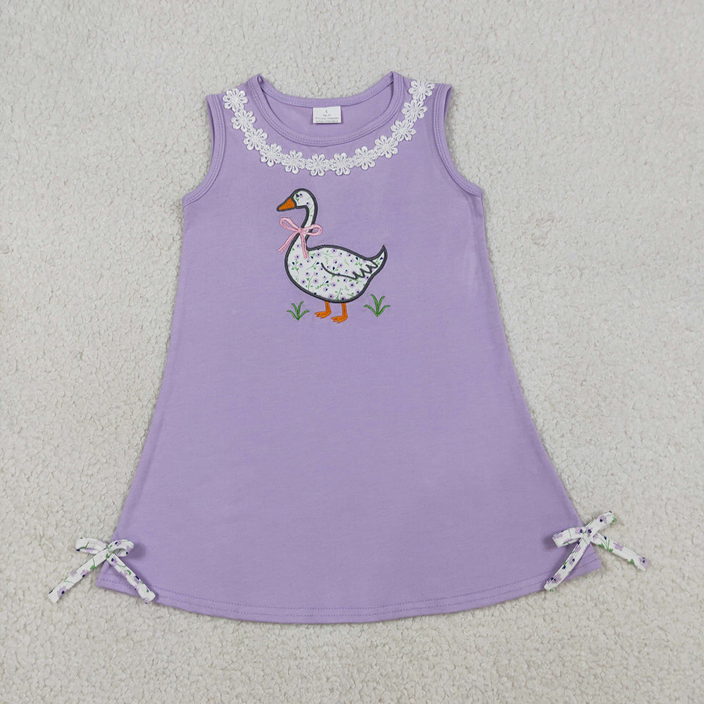 Goose Embroidery Flowers Lavender Girls Summer Clothes Sibling Matching Wear