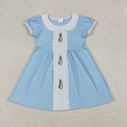Sibling Baby Girls Short Ruffle Sleeve Embroidery Rabbits Easter Knee Length Dresses Ruffle Romper