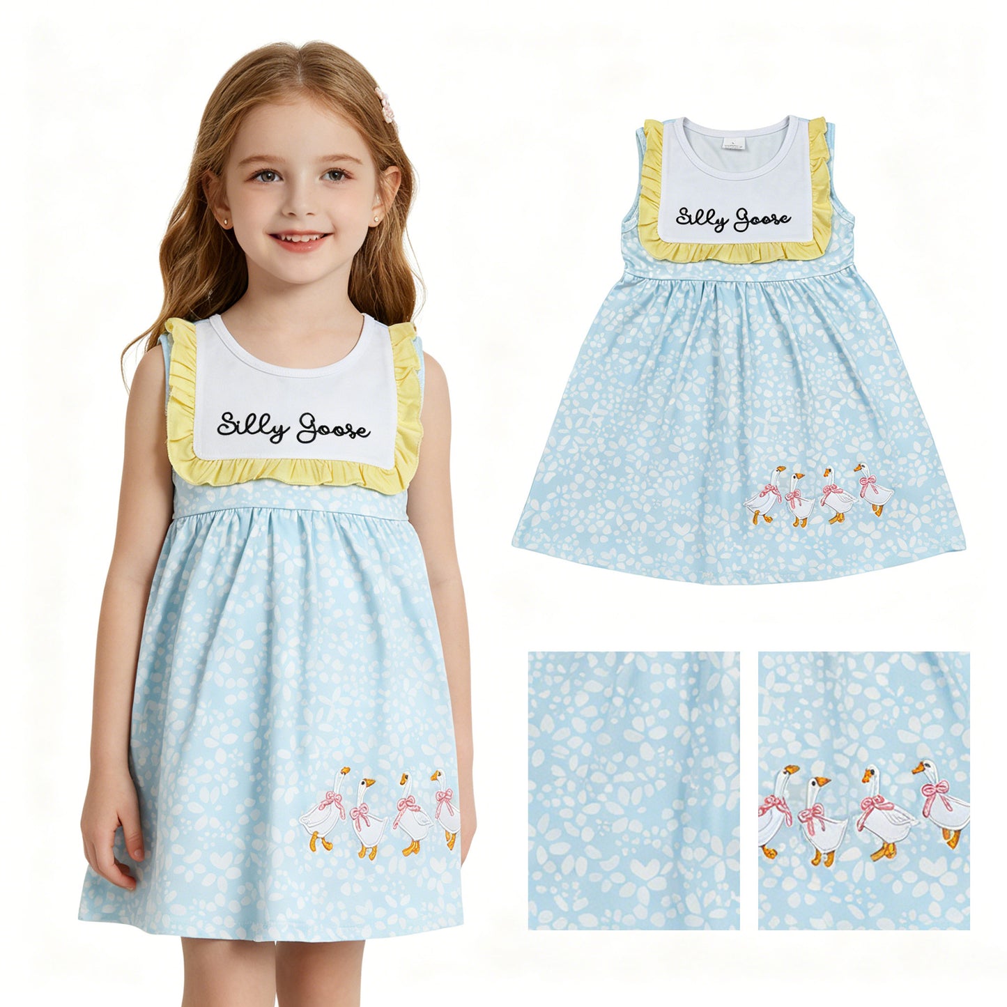 GSD2970 Sissy Goose Embroidery Blue Flowers Baby Girls Sleeveless Dress