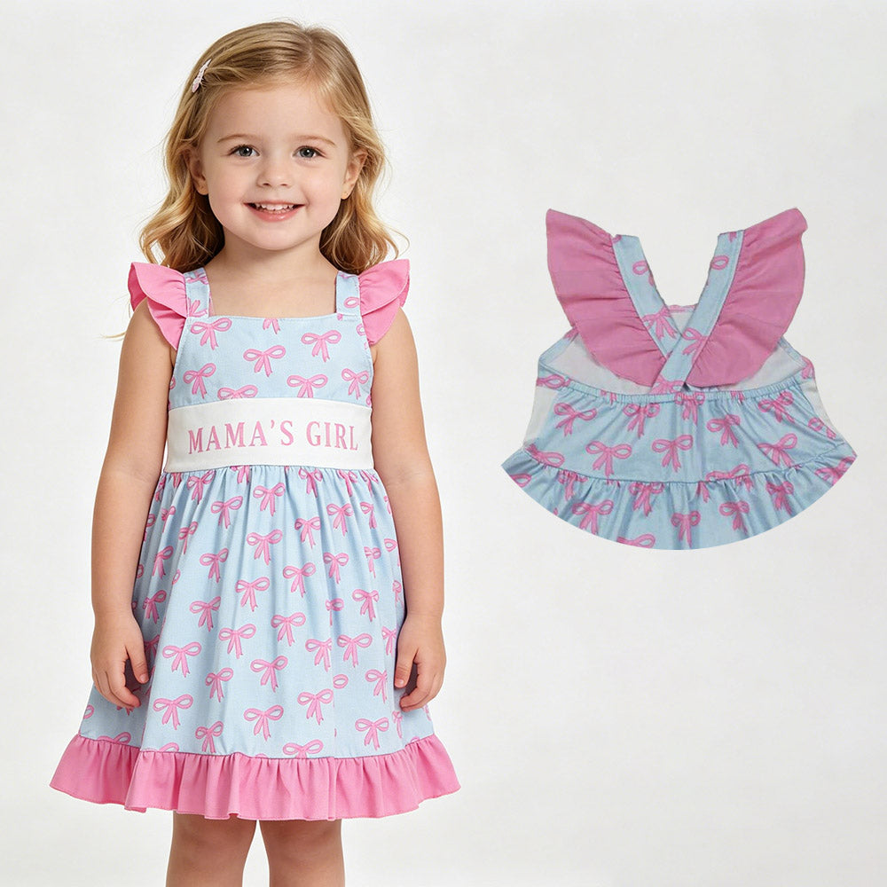 GSD2980 MAMAS GIRL Bows Strap Print Girls Summer Knee Length Dress