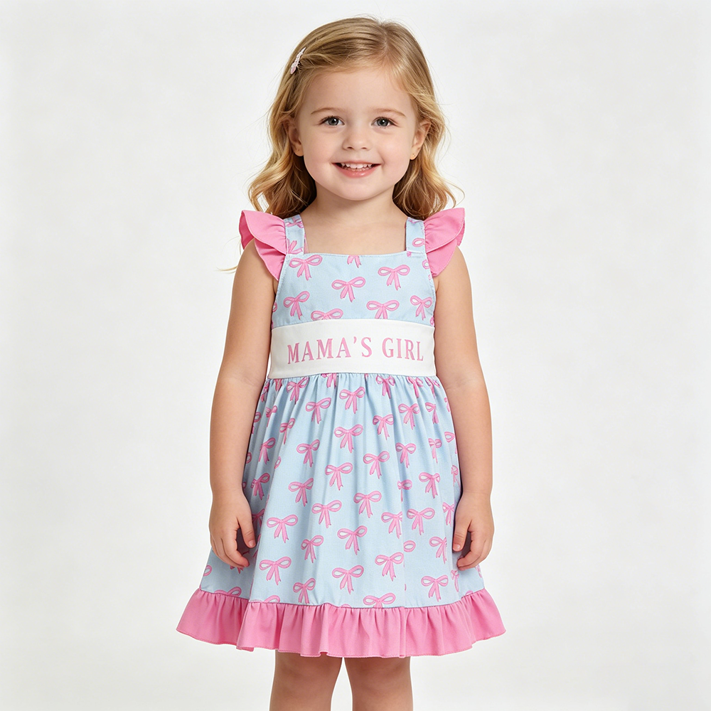GSD2980 MAMAS GIRL Bows Strap Print Girls Summer Knee Length Dress