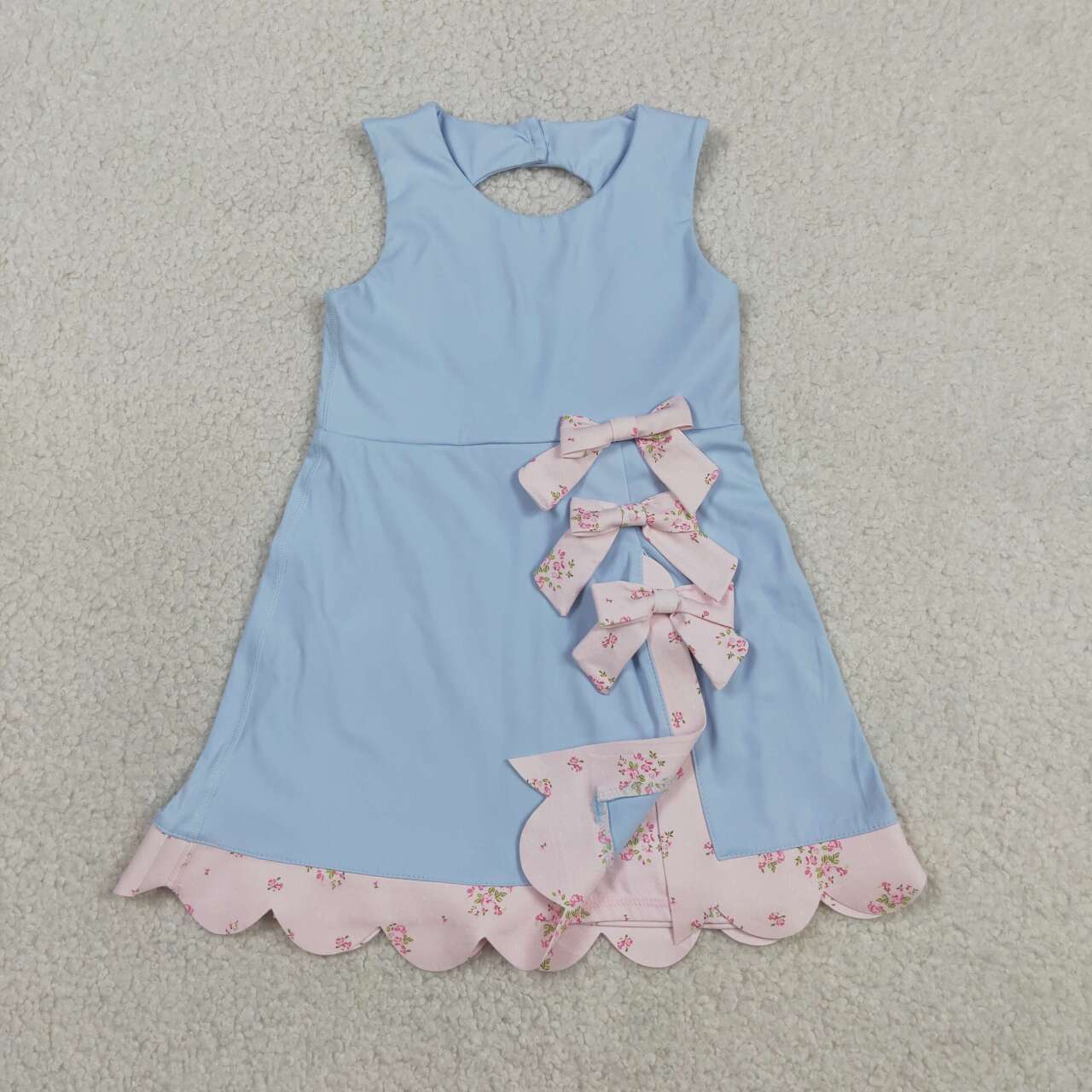 GSD3030 Pink Floral Bows Scallop Edge Baby Girls Blue Sleeveless Yoga Dress