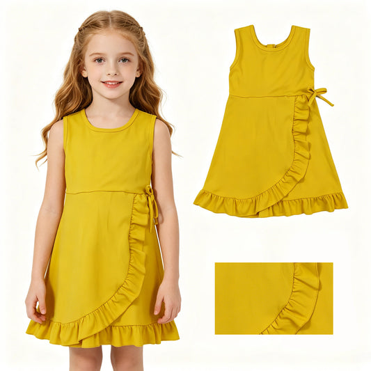 GSD3031 Mustard Girls Zipper Ruffle Yoga Sleeveless Shorts Dress