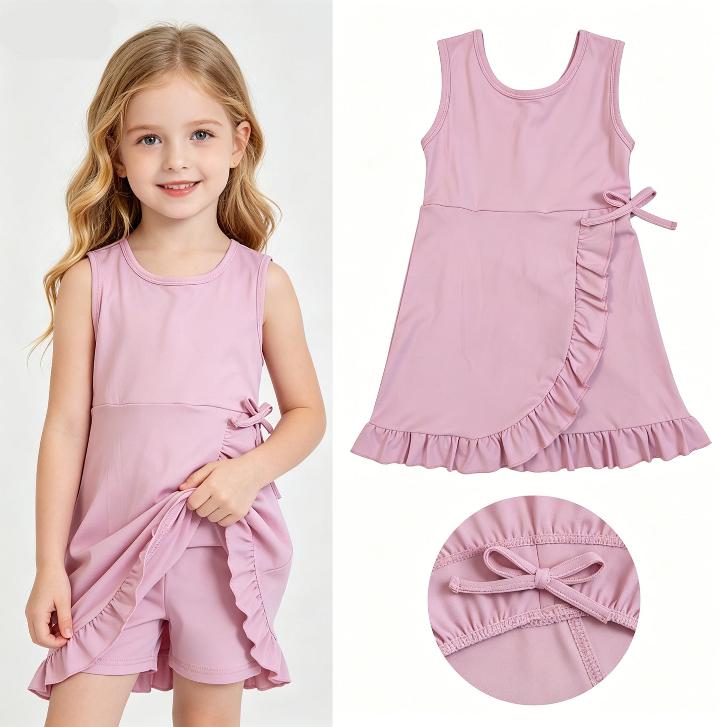 Pink Color Girls Summer Shorts Ruffle Knee Length Yoga Dress