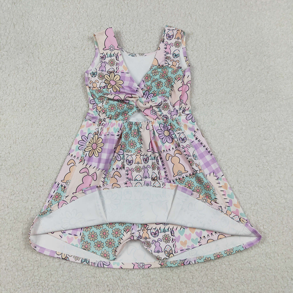 GSD3051 Bunny Flowers Print Girls Easter Shorts Knee Length Yoga Dress