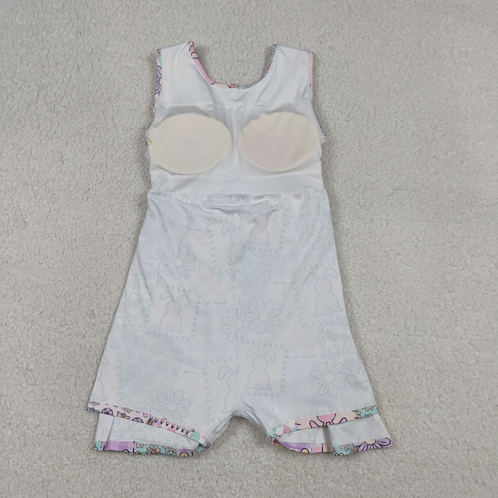 GSD3051 Bunny Flowers Print Girls Easter Shorts Knee Length Yoga Dress