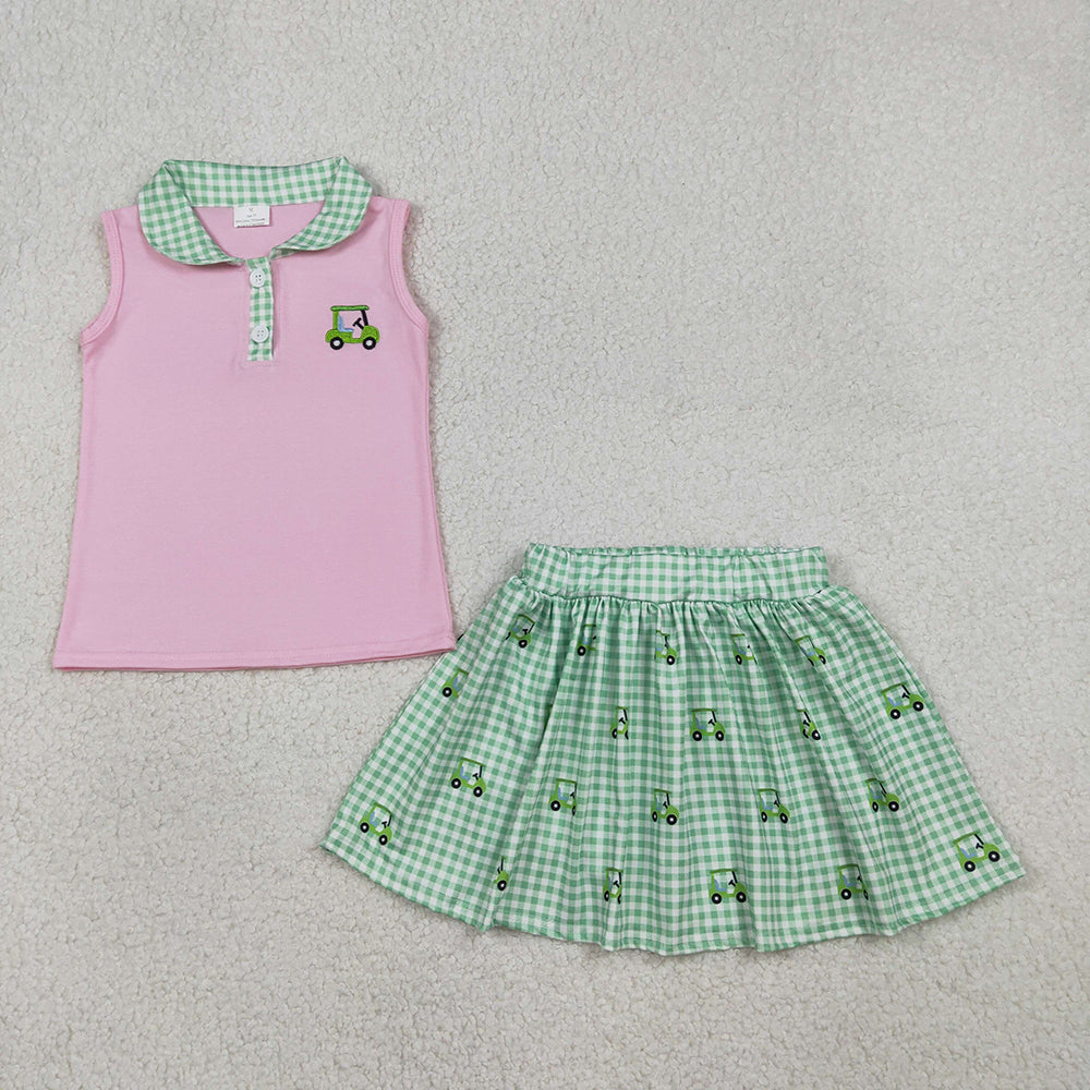GSD3120  Golf Trucks Embroidery Pink Top Plaid Skirts Shorts Girls Summer Clothes Set