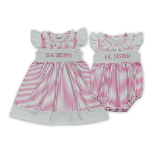 BIG & LIL SISTER Embroidery Baby Girls Pink Stripe Smocked Dress & Romper Sisters Wear