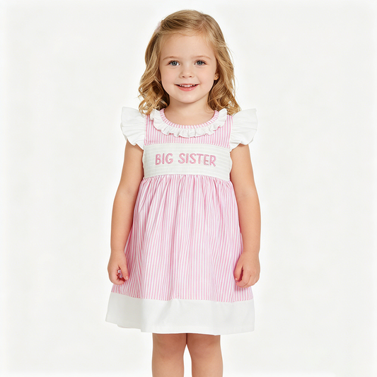 GSD3153 BIG SISTER Embroidery Pink Stripes Girls Knee Length Smocked Dress