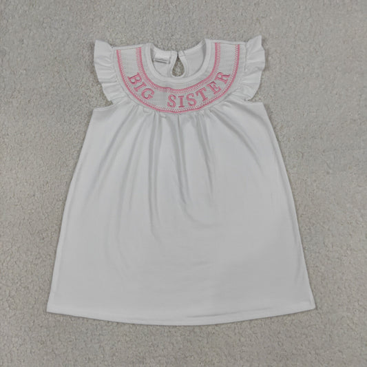 Embroidery Big Sister White Smocked Knee Length Dress
