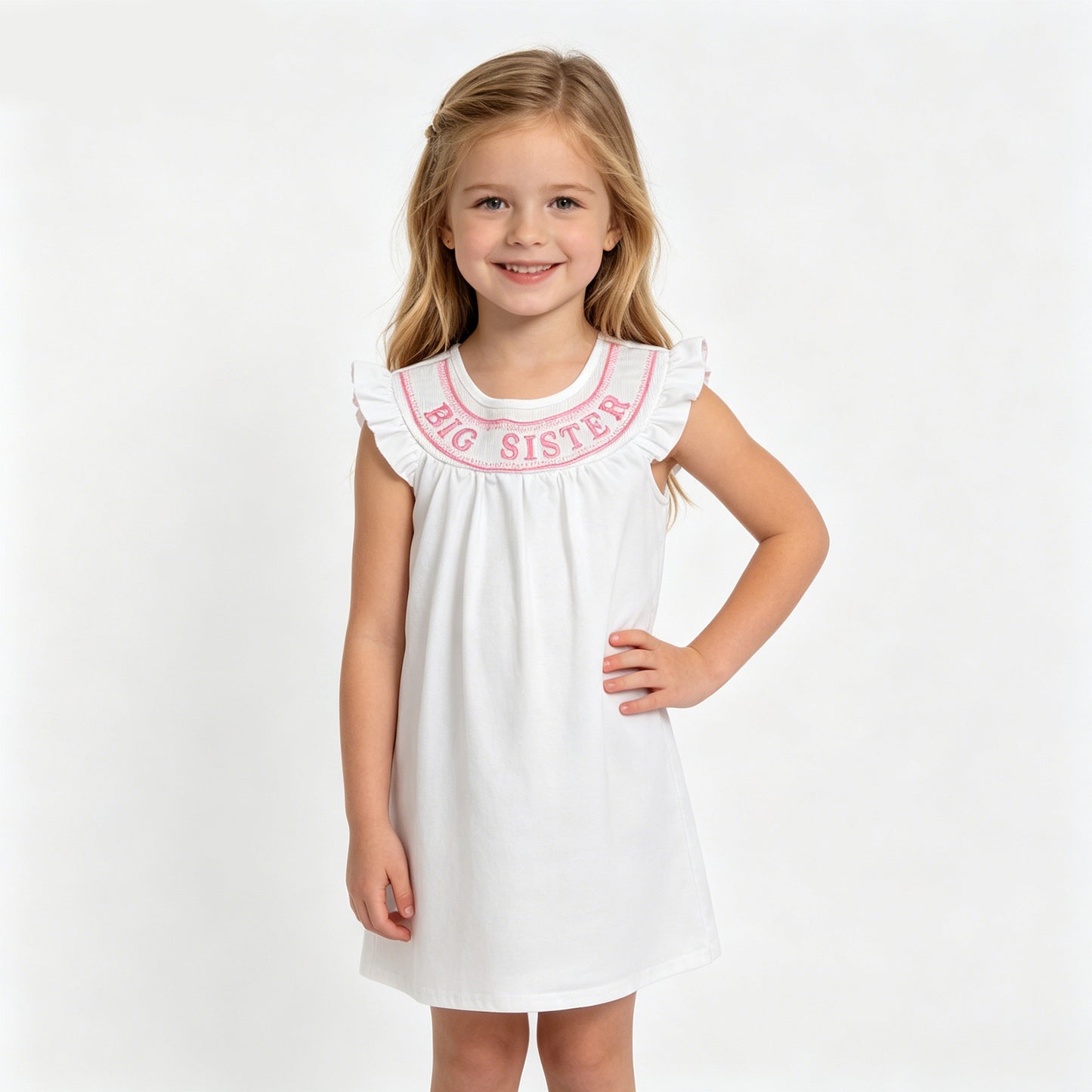 Embroidery Big Sister White Smocked Knee Length Dress