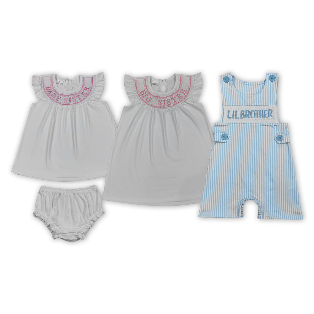 Baby & Sister & Brother Embroidery Romper Dress Sibling Summer Smocked Matching Wear