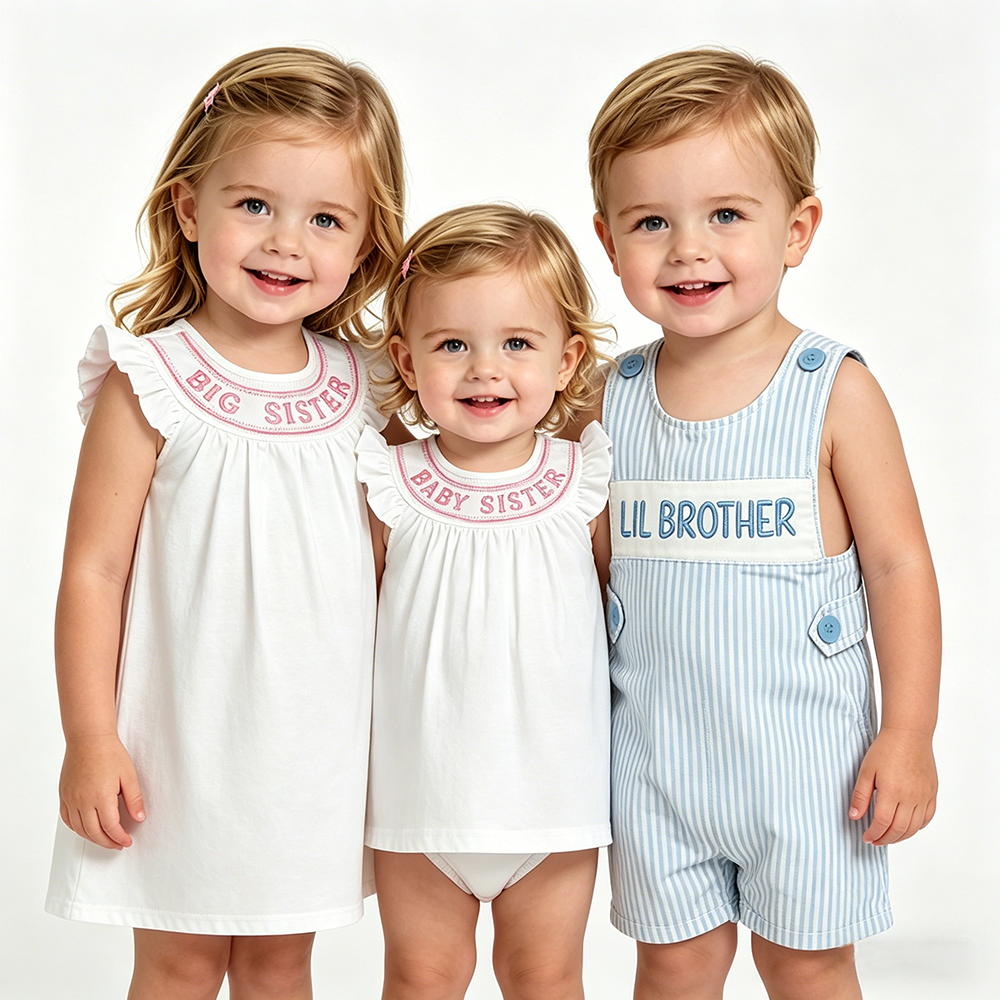 Baby & Sister & Brother Embroidery Romper Dress Sibling Summer Smocked Matching Wear