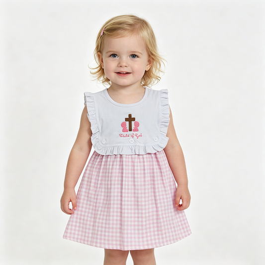 GSD3201 Girls’ “Child of God” Embroidery Pink Plaid Sleeveless Knee Length Dress
