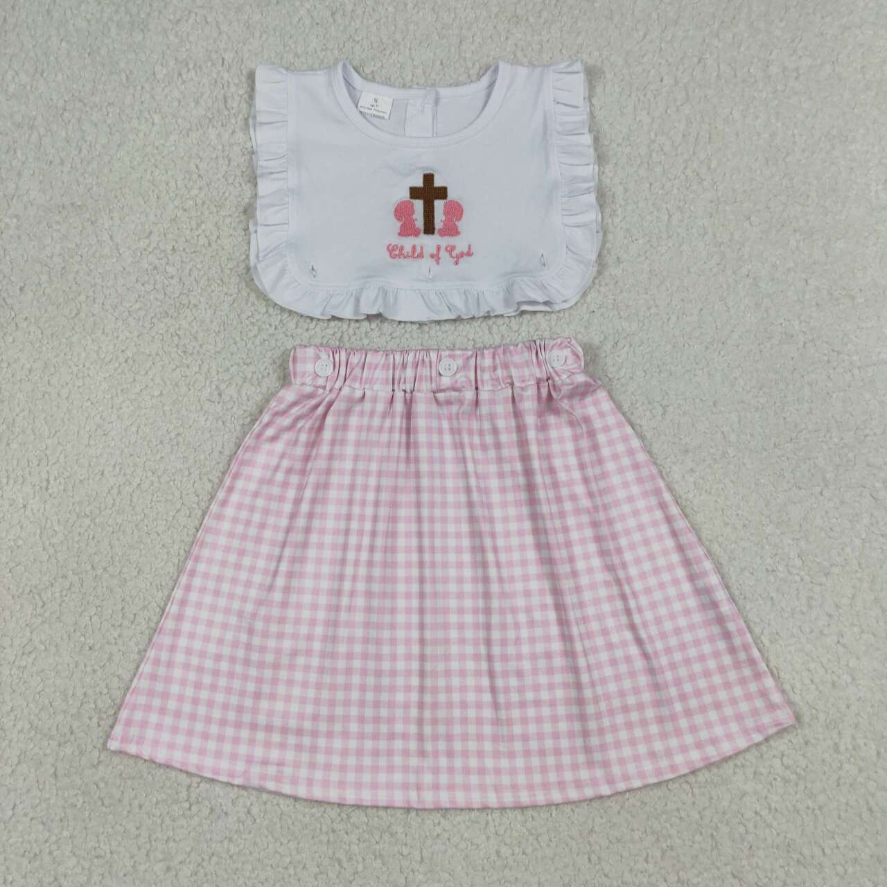 GSD3201 Girls’ “Child of God” Embroidery Pink Plaid Sleeveless Knee Length Dress