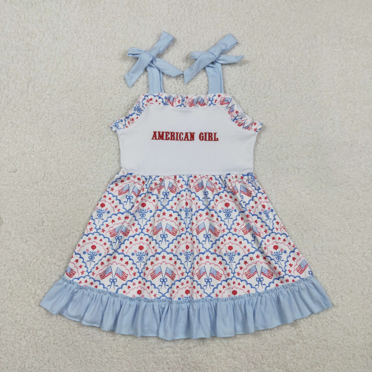 Sibling Baby Embroidery American Girls Bow Flags 4th of July Ruffle Bummies Set Knee Length Dress
