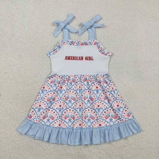 Sibling Baby Embroidery American Girls Bow Flags 4th of July Ruffle Bummies Set Knee Length Dress