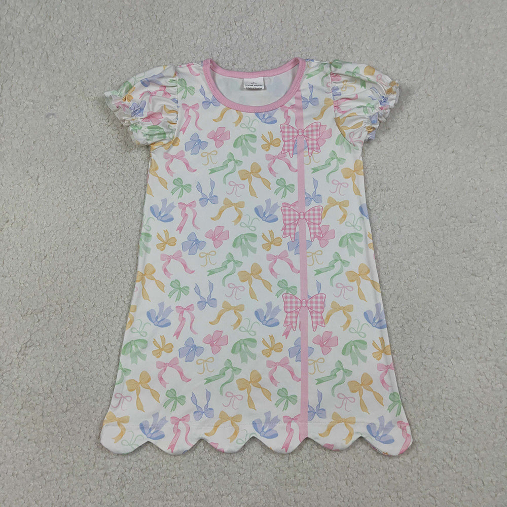 GSD3245 Colorful Bows Print Girls Summer Scallop Knee Length Dress