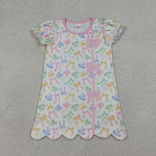 GSD3245 Colorful Bows Print Girls Summer Scallop Knee Length Dress