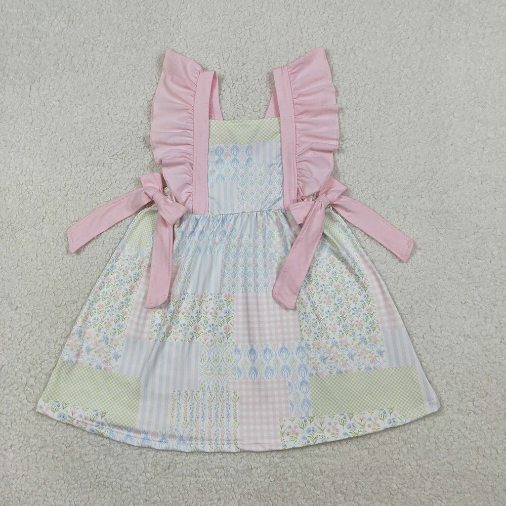 GSD3249 Small Flowers Plaid Print Girls Summer Ruffle Knee Length Dress