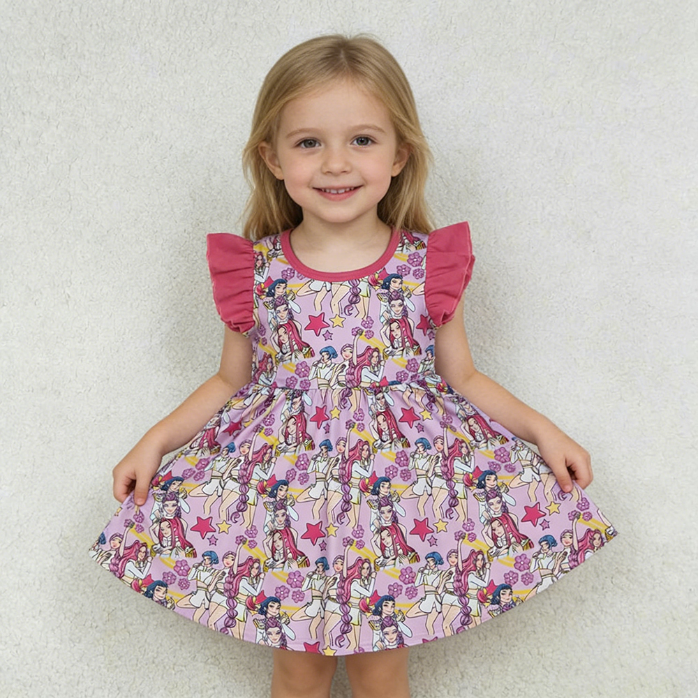 GSD3273 Girls Cartoon Demon Pink Flutter Sleeve Twirl Dress