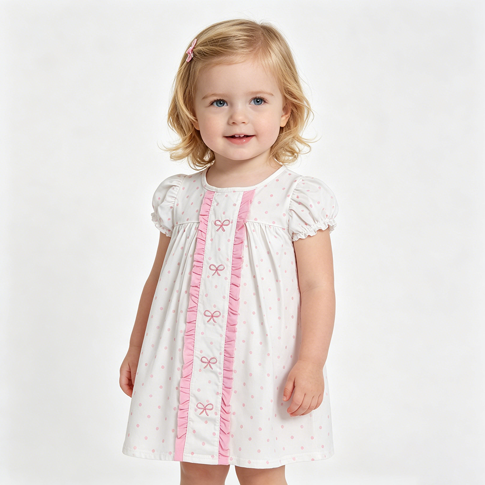 GSD3312 Bows Embroidery Pink Dots Girls Puff Sleeves Dress