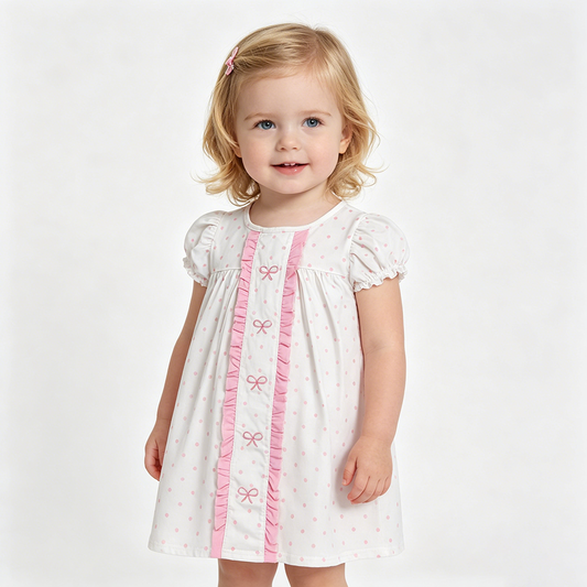 GSD3312 Bows Embroidery Pink Dots Girls Puff Sleeves Dress